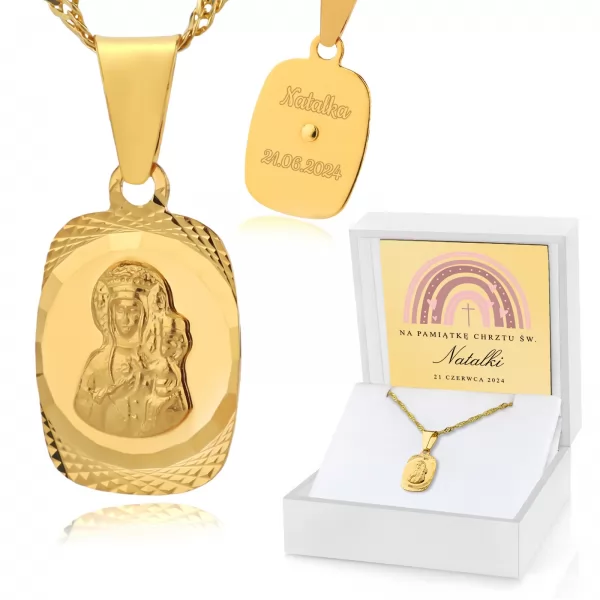 Złoty medalik Matka Boska z łańcuszkiem 585 na chrzest - Łaska