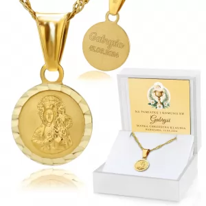 Złoty medalik 585 Matka Boska z łańcuszkiem z grawerem na komunię - Celebra