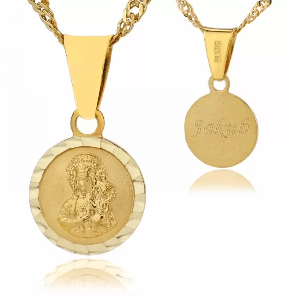 Złoty medalik Matka Boska z łańcuszkiem 585 z opcją graweru na komunię