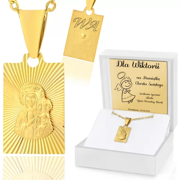 Złoty medalik z Matką Boską z grawerem na prezent dla dziecka