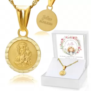 Złoty medalik Matka Boska z łańcuszkiem 585 na chrzest - Anioł Stróż
