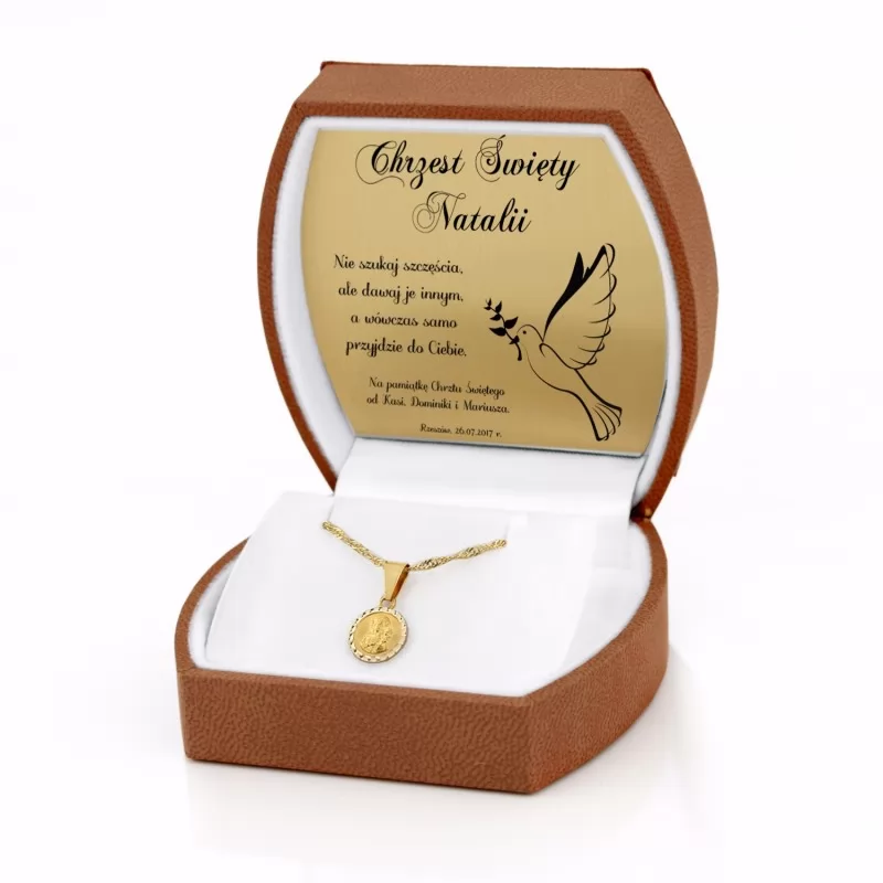 zestaw złotej biżuterii z grawerem dedykacji na prezent na chrzest