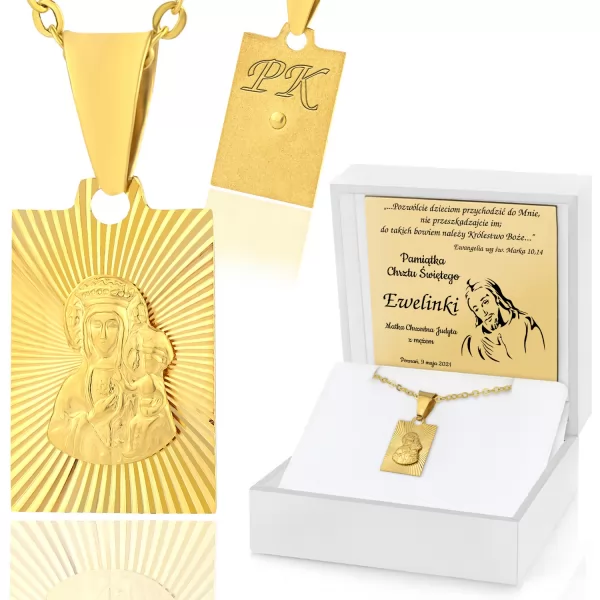 Złoty komplet biżuterii z medalikiem Matka Boska z grawerem na chrzest święty