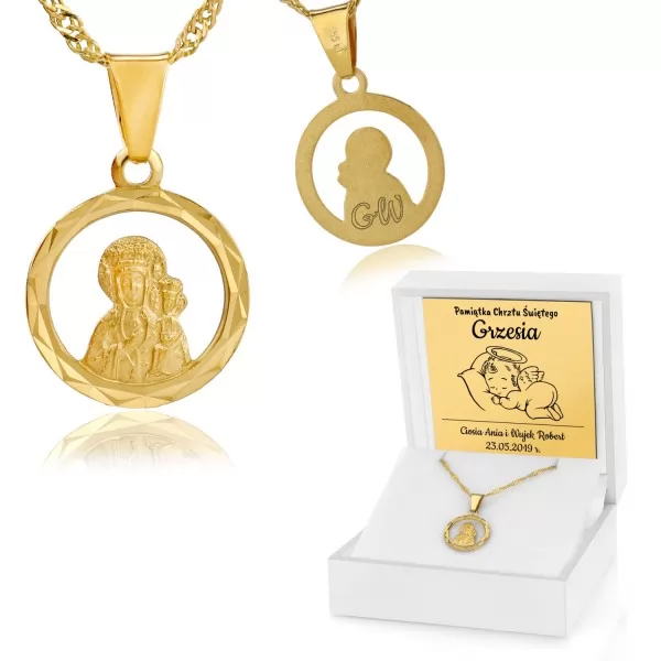Złoty medalik Matka Boska na łańcuszku z grawerem na prezent z okazji Chrztu 