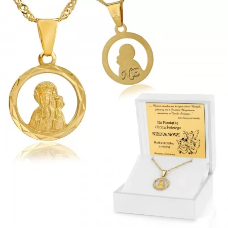 Medalik ze złota z Matką Boską na łańcuszku z grawerem życzeń na chrzest