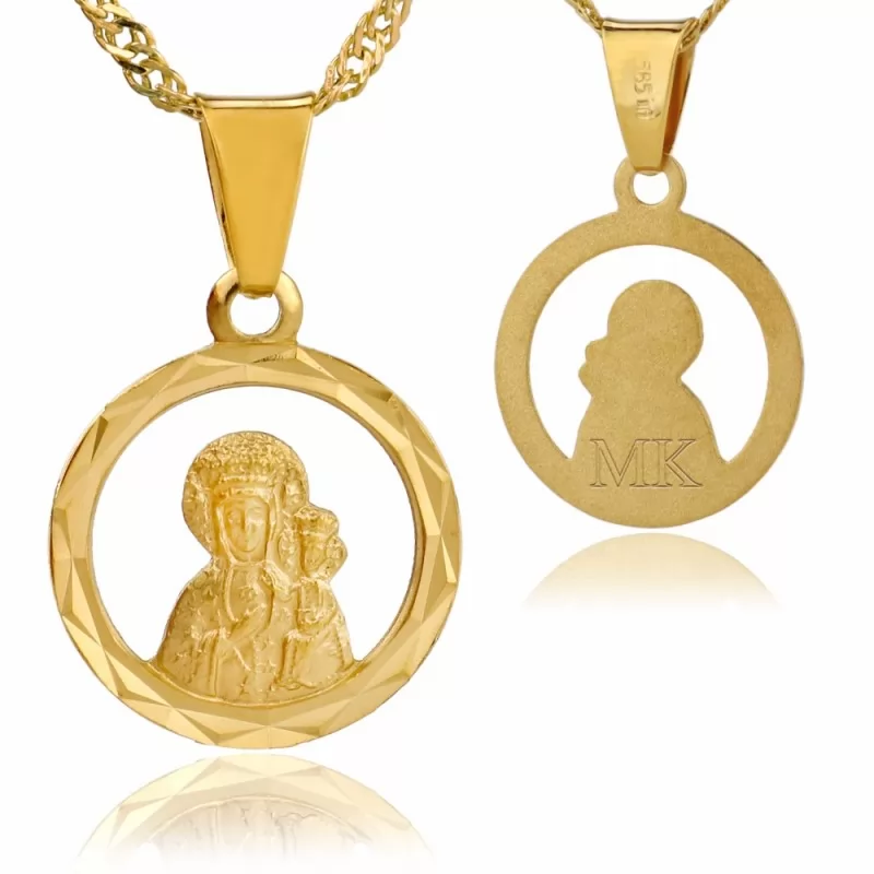 złoty medalik z Matką Boską na łańcuszku z grawerem inicjałów