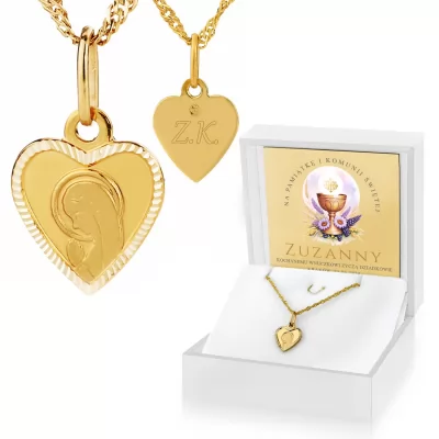 Złoty medalik Matka Boska serce z łańcuszkiem 585 na komunię - Sakralny dar