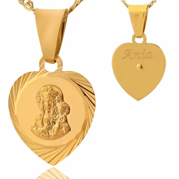 Złoty medalik Matka Boska serce ze żłobieniami z łańcuszkiem 585 z opcją graweru na komunie