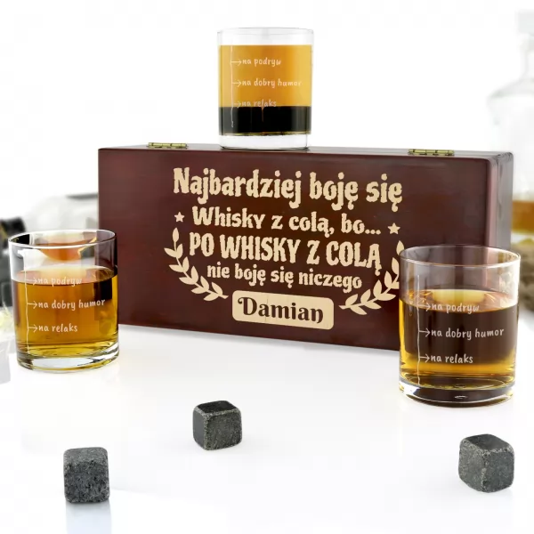 Zestaw szklanek do whisky w drewnianym pudełku - Nie bój nic