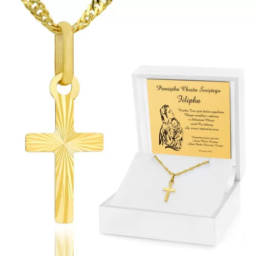 Złoty krzyżyk z łańcuszkiem pr. 585 na chrzest - Szczęście już idzie