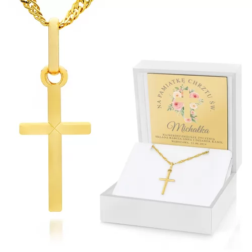 Złoty krzyżyk z łańcuszkiem pr. 585 na chrzest - Kwintesencja wiary