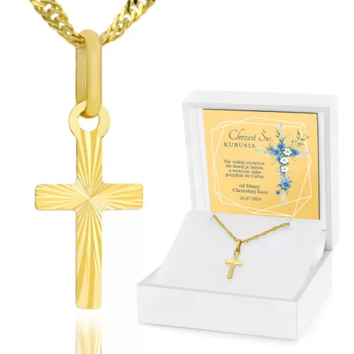 Złoty krzyżyk z łańcuszkiem 585 w etui z nadrukiem na chrzest - Błękit