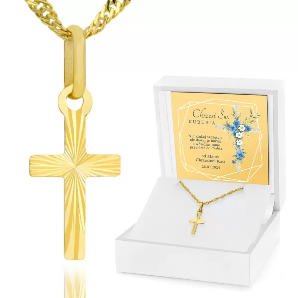 Złoty krzyżyk z łańcuszkiem 585 w etui z nadrukiem na chrzest - Błękit