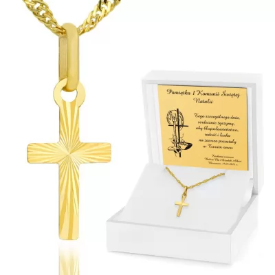 Złoty krzyżyk z łańcuszkiem 585 z grawerem na komunię - Radość i łaska