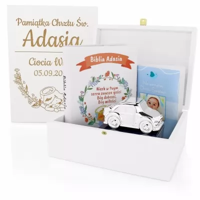 Zestaw prezentowy na chrzest w szkatułce dla chłopca z personalizacją