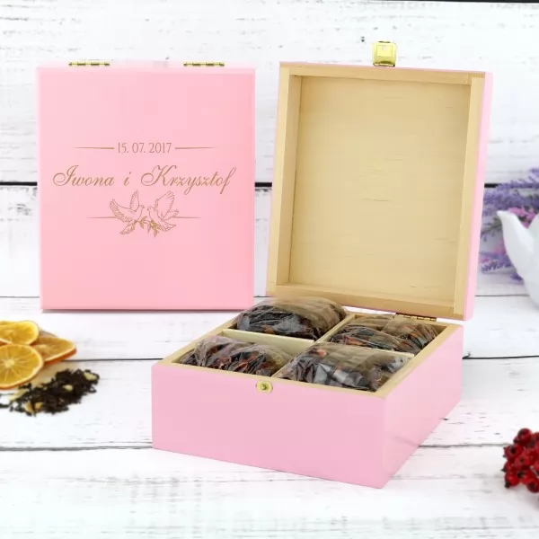 Prezent z okazji rocznicy ślubu rodziców personalizowana szkatułka na herbatę 