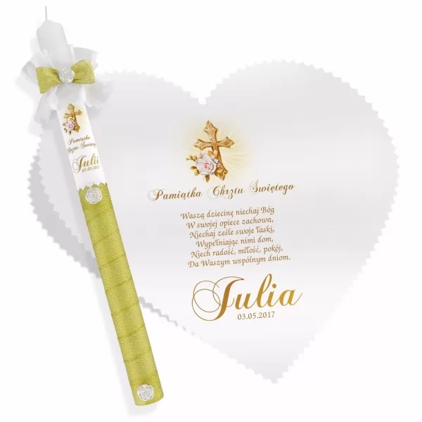 Pamiątka chrztu Złoty Obłoczek szatka w kształcie serca i świeca z personalizacją
