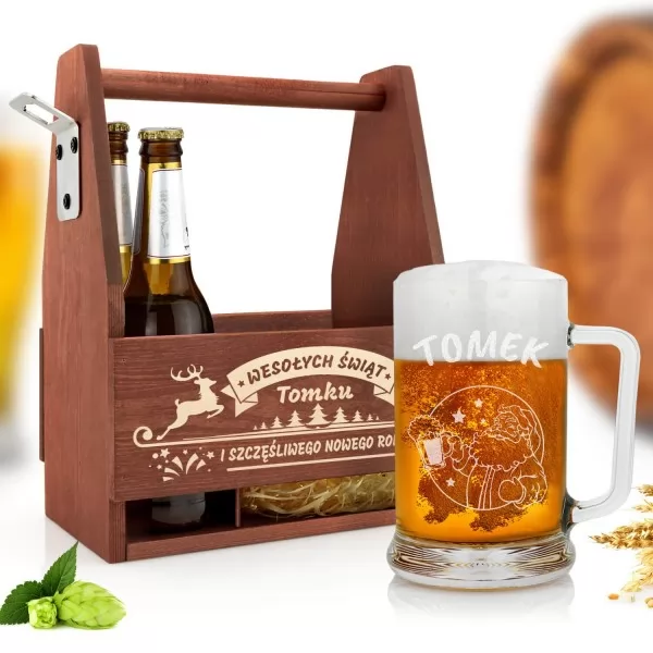 Drewniana skrzynka na piwo z kuflem na prezent na mikołajki dla syna z personalizacją 