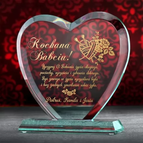 Statuetka szklana serce z grawerem na Dzień Babci - Zdrowia i szczęścia