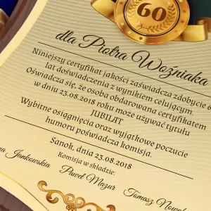 certyfikat z personalizacją na prezent z okazji 60 urodzin