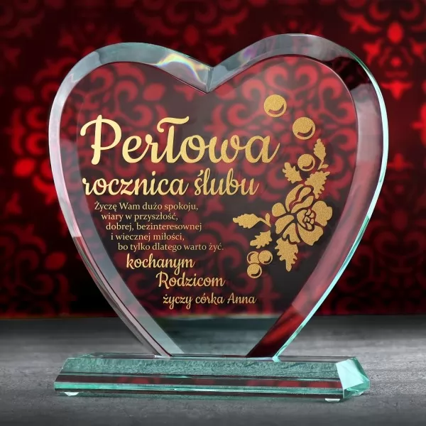 Statuetka szklane serce z grawerem na 30 rocznicę ślubu - Perłowa