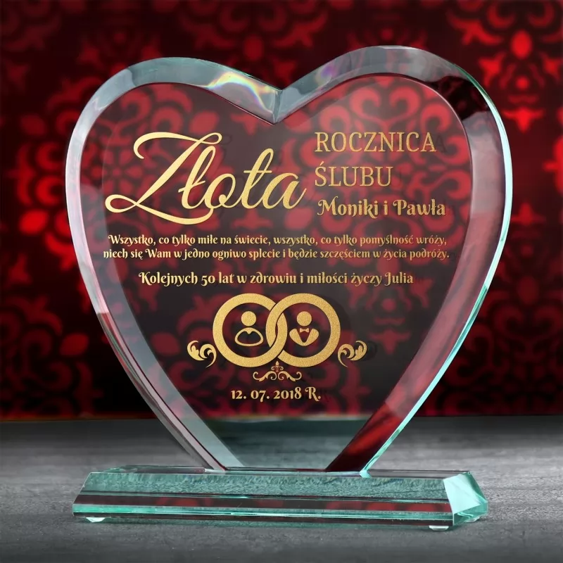 50 rocznica ślubu pomysł na prezent szklane serce z grawerem dedykacji