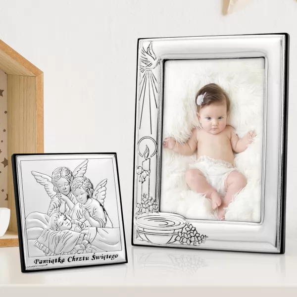 Ramka i obrazek z grawerem dedykacji na prezent dla dziecka z okazji chrztu