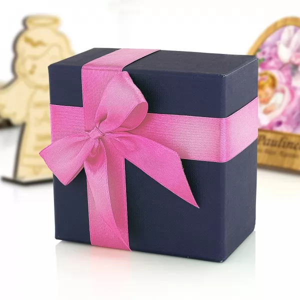 Pudełko granatowe z różową kokardą (11 x 11 x 6,5 cm)