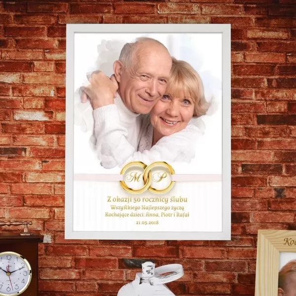 Obraz w ramie ze zdjęciem i dedykacją na 50 rocznicę ślubu