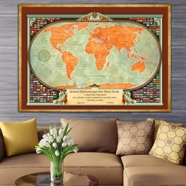 Mapa ścienna świata stylizowana w przeszklonej ramie na ekskluzywny prezent