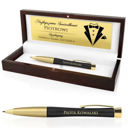 Długopis Parker w drewnianym pudełku z dedykacją na prezent dla świadka