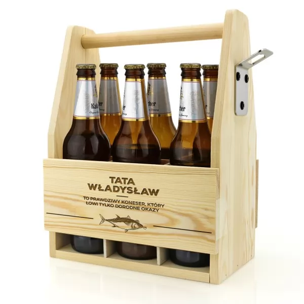 Drewniana skrzynka na piwo z otwieraczem - Wędkarz