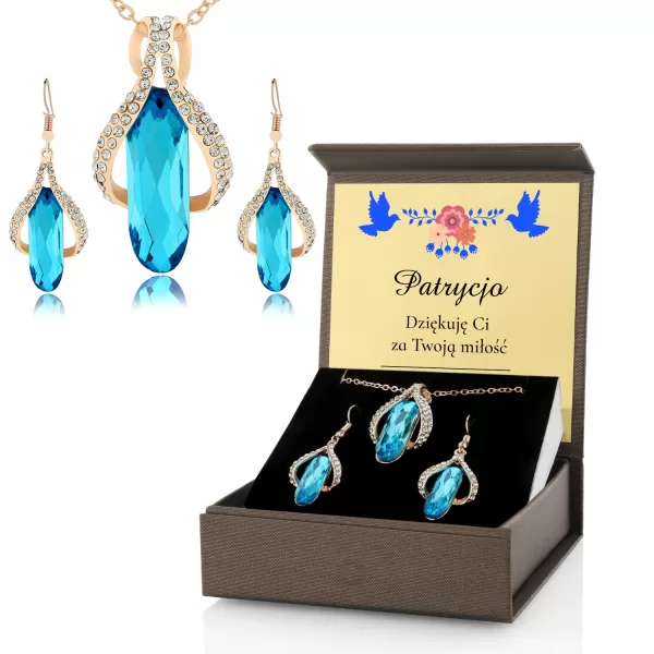 Komplet biżuterii z błękitnymi kryształkami i dedykacją dla żony na prezent 