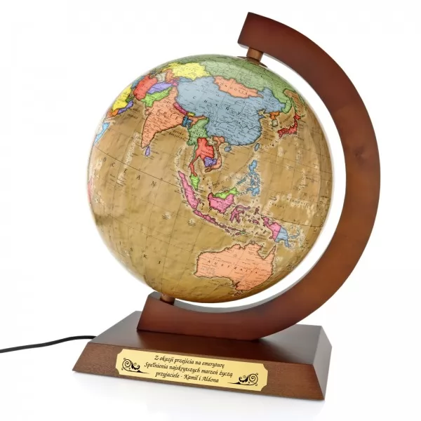Podświetlany globus polityczny z dedykacją na prezent z okazji przejścia na emeryturę 