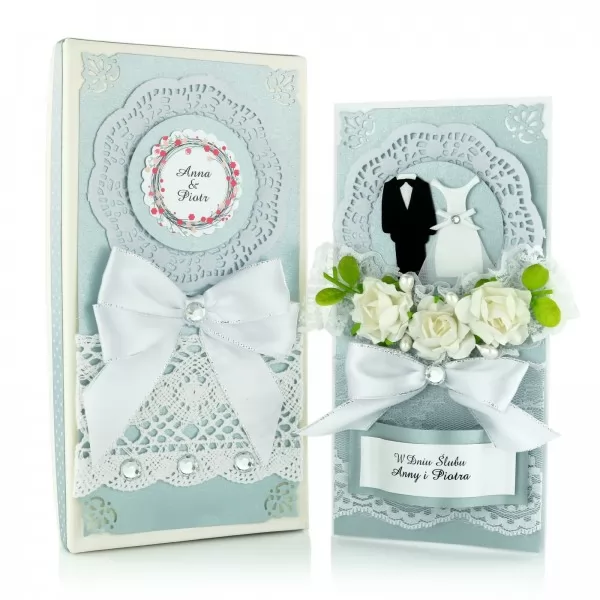 Kartka na ślub DL ręcznie robiona w ozdobnym pudełku z personalizacją życzeń
