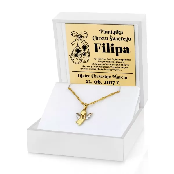 Złota biżuteria na chrzest zawieszka aniołek i łańcuszek w pudełku z grawerem dedykacji