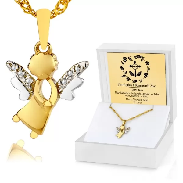 Złoty łańcuszek i zawieszka aniołek w etui na prezent komunijny dla dziewczynki