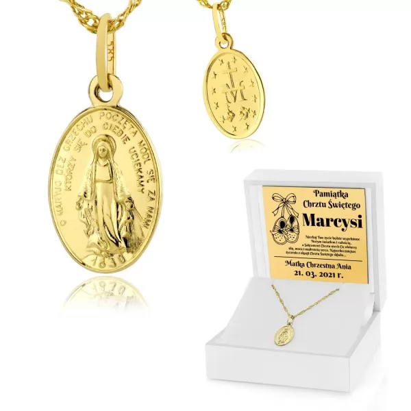 Złoty medalik na Chrzest Święty z Matką Boską w białym pudełku z personalizacją