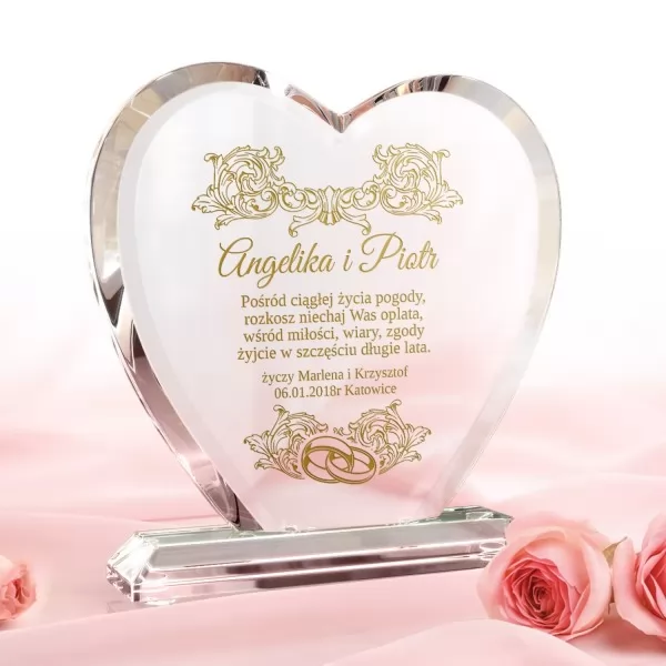 Figurka szklane serce z grawerem na prezent na ślub