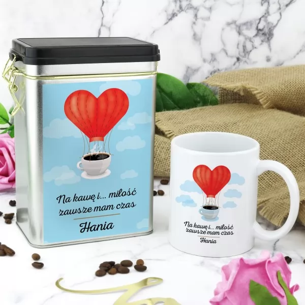 Kubek i puszka na kawę z personalizacją Czas na miłość na prezent dla niej 