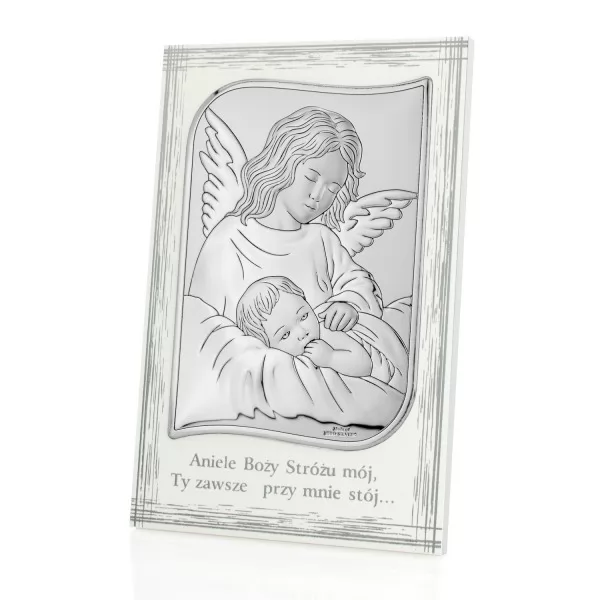 Pamiątka chrztu świętego srebrny obrazek - Stróżujący Anioł