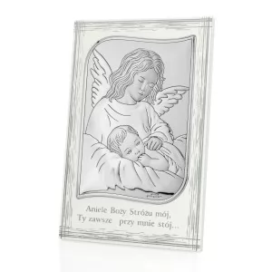obrazek anioł nad dzieckiem z dedykacją na chrzest
