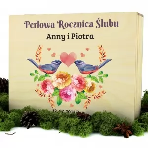 szkatułka z nadrukiem personalizacji na prezent na rocznicę ślubu zakochane ptaki