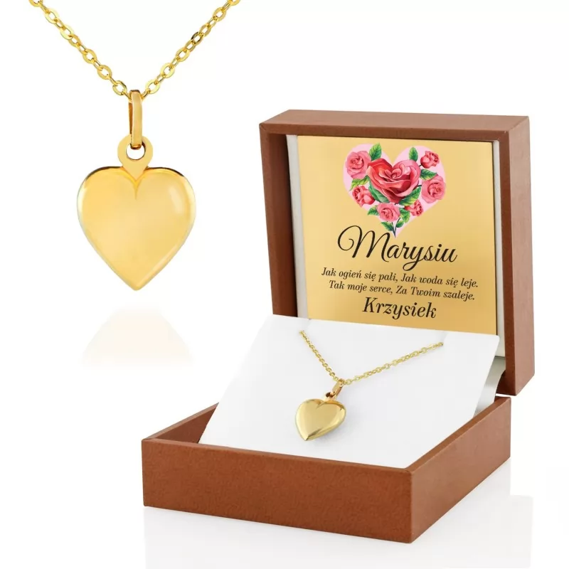 złoty łańcuszek z serduszkiem w pudełku Różane Serce na prezent dla niej