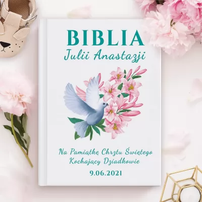 Biblia dla dzieci z personalizacją na chrzest - Różowa Lilia