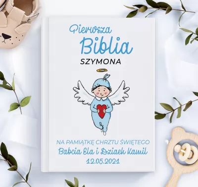 Biblia dla dzieci z nadrukiem na pamiątkę chrztu - Niebieski Aniołek