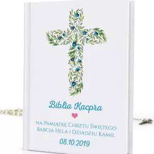 personalizowana biblia dla dzieci na prezent na chrzest Niebieskie Kwiaty