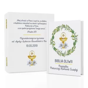 biblia w pudełku z personalizacją Liliowy Kielich na prezent na komunię dla dziewczynki