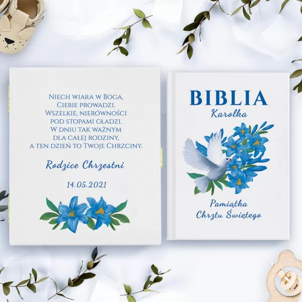Biblia dla dzieci w drewnianym pudełku na chrzest - Niebieskie Kwiaty Lilii