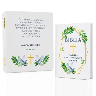 Biblia dla dzieci w szkatułce z nadrukiem na chrzest - Gołębica